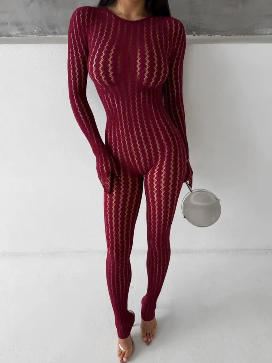 Sewing Nylon - Women's Burgundy Sheer Lace Jumpsuit Long